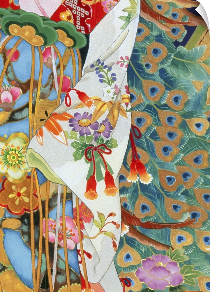 Contemporary colorful and lavish looking Asian artwork. With different patterns of fabric and peacock feathers.