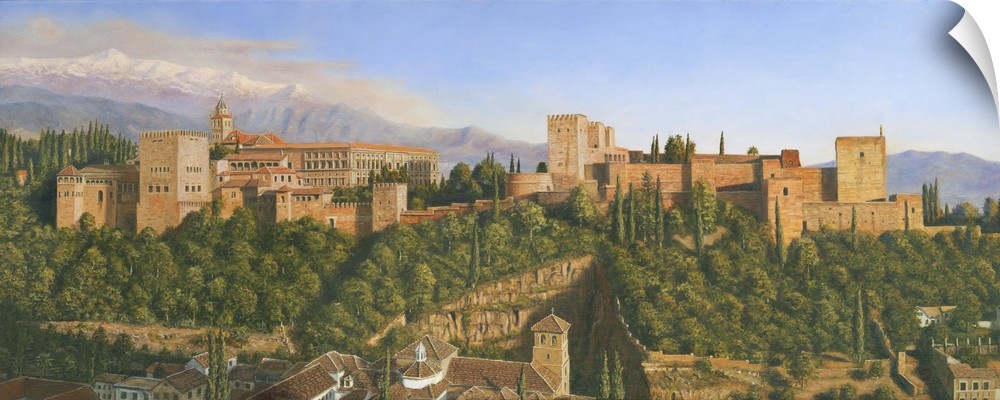 Contemporary artwork of a village surrounded by a mountainous valley.