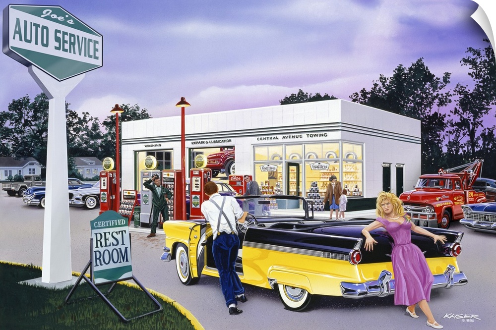 This painting is a scene of retro Americana showing a teenage girl helping push her dateos 1956 Ford Convertible which has...