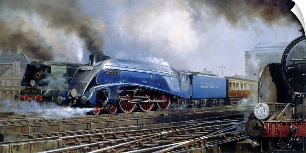 Contemporary painting of trains traveling getting ready to leave the station.