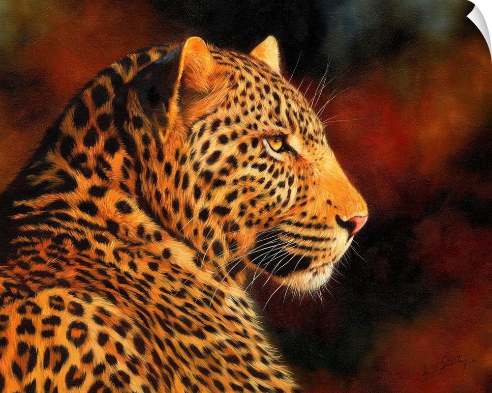 Contemporary painting of a leopard illuminated in a warm light.