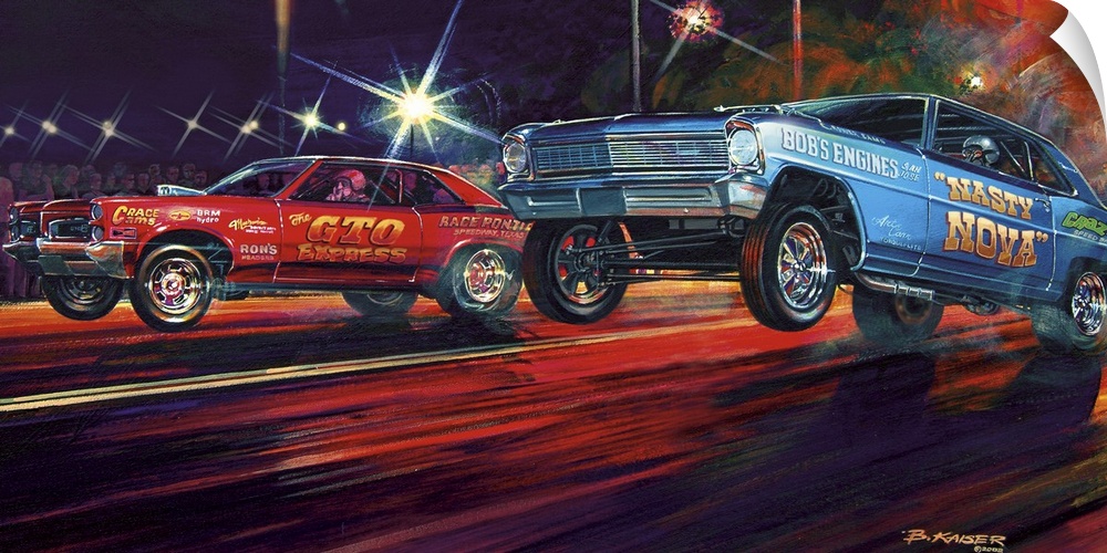 A big painting on canvas of two cars drag racing with both of their front tires in the air coming off the start.