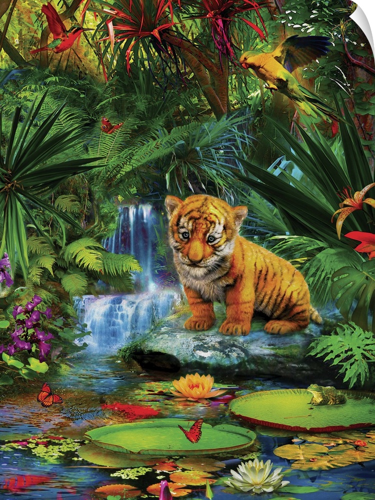 Whimsy illustration of a tiger cub sitting by a waterfall in the jungle.