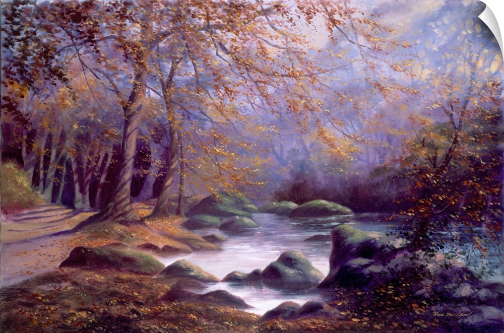 Contemporary artwork of a forest river clearing bathed in a light fog.