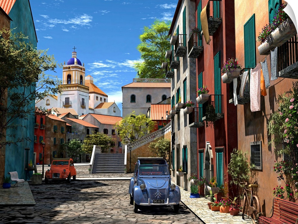 Bright colored cars and buildings line a stone street and photographed during a sunny day.
