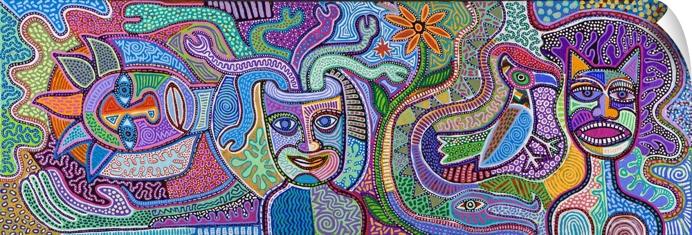 Contemporary aboriginal inspired artwork with bright colors and intricate detail.
