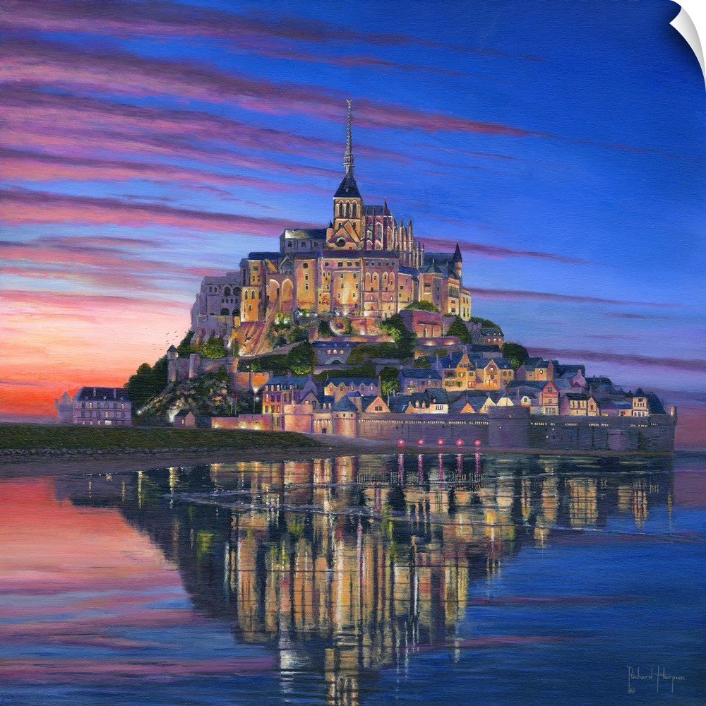Contemporary artwork of a castle village across a still reflective water surface at night.