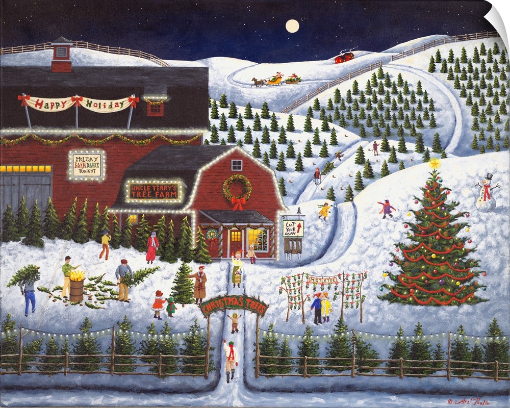 Americana scene of a Christmas Tree farm on a busy winter night.