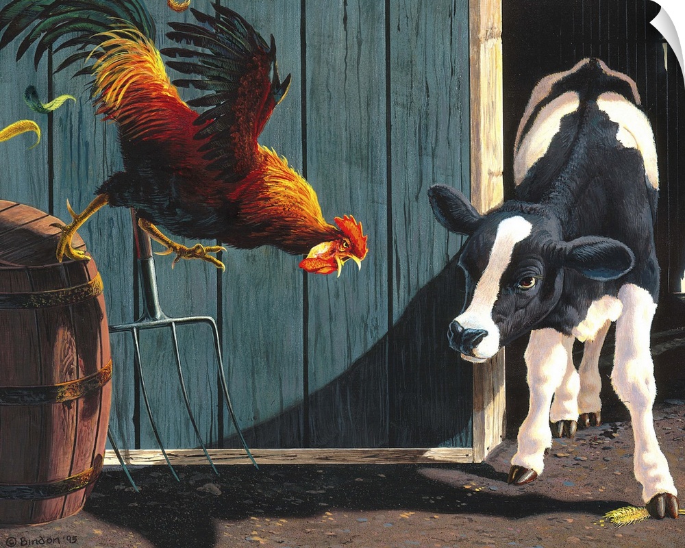 Contemporary painting of a calf protecting a bit of grain for itself while a rooster makes an attempt to take it.