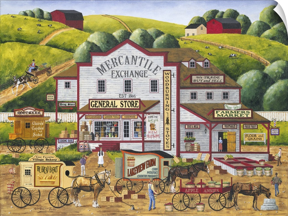 Americana scene of horses and carts delivering goods to a General Store.