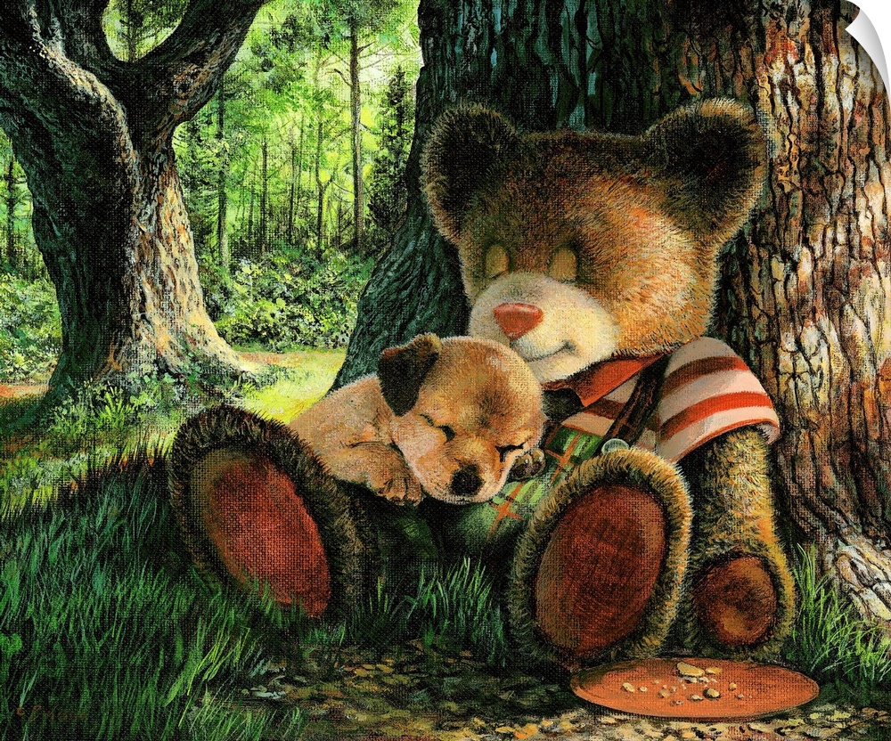 A teddy bear sleeping against a tree in a forest with a puppy laying his lap.