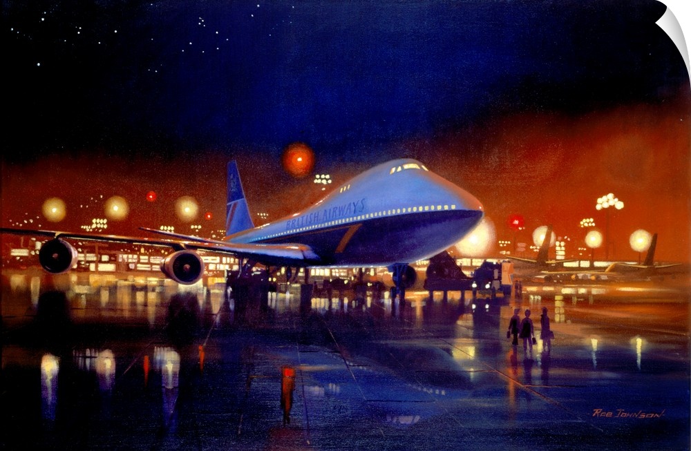 Contemporary painting of an overseas airplane waiting on the tarmac at night waiting to take off.