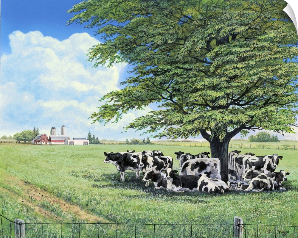 Contemporary painting of a herd of cows under the shade of a lone tree in a field.
