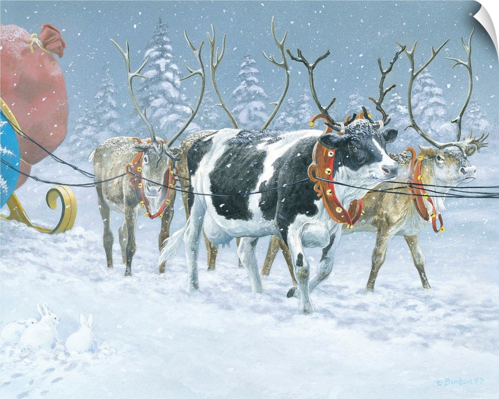 Contemporary painting of a cow wearing fake antlers joining the reindeer on Santa's sleigh.