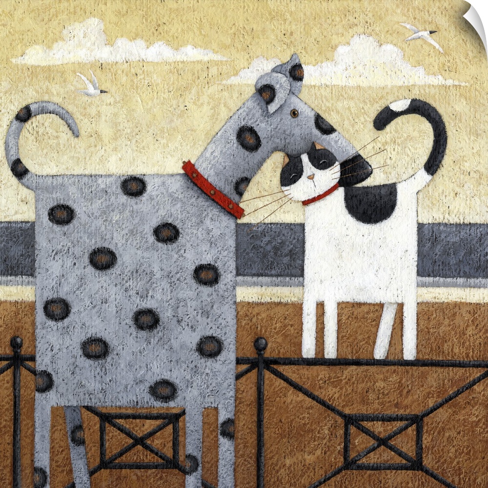 Contemporary painting of a spotted dog be nuzzled by a cat.