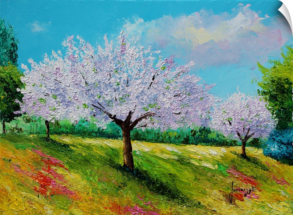 Painting of a rural landscape of purple flowering trees.