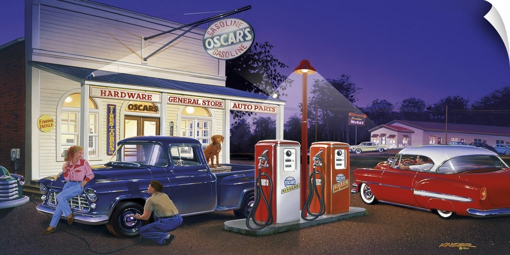 Landscape, large wall picture of a small town general store and gas station in the late 1950s, lit up at night.  A 1955 Ch...