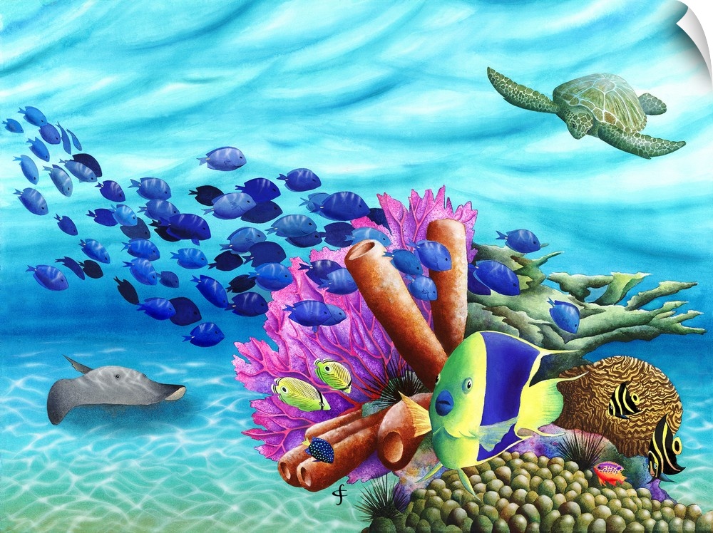 Tropical themed artwork using bright vivid colors to depict the flowers and animals of the environment.