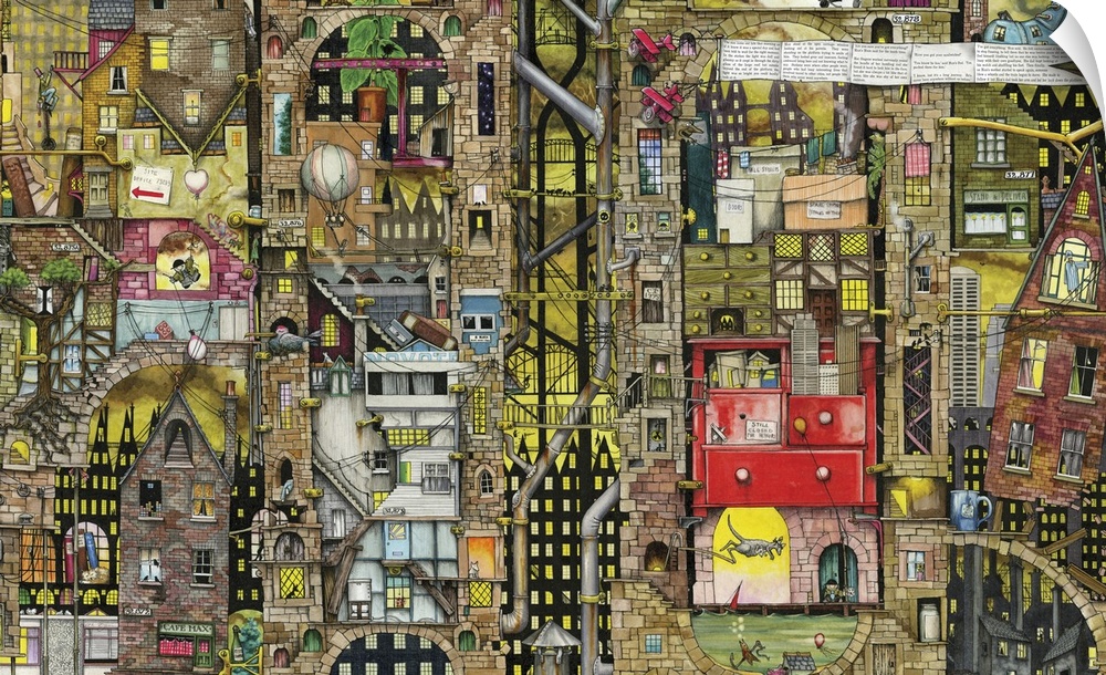 Highly detailed illustration featuring assorted buildings in various states of repair.