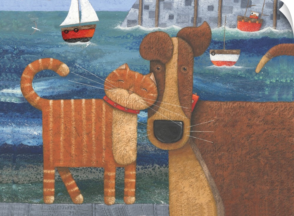 Nautical themed artwork of a dog being nuzzled by a cat with a harbor with sailboats in it in the background.