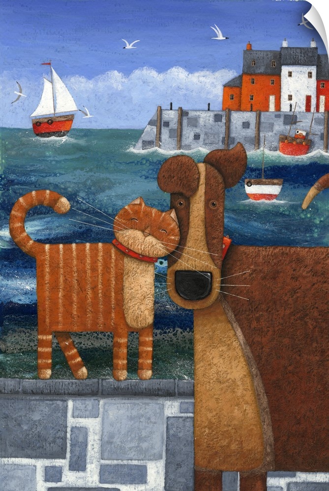 Contemporary nautical painting of a cat nuzzling a dog, with a harbor town scene in the background.