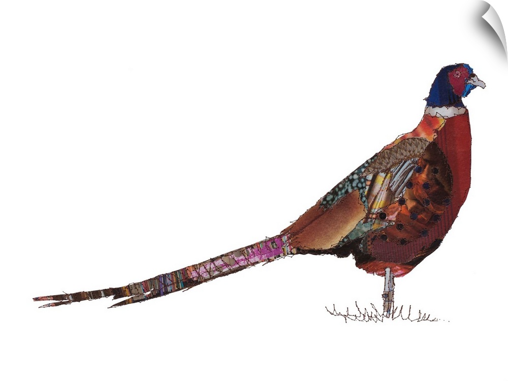 Horizontal artwork of a pheasant in a collage style outlined in stitches.