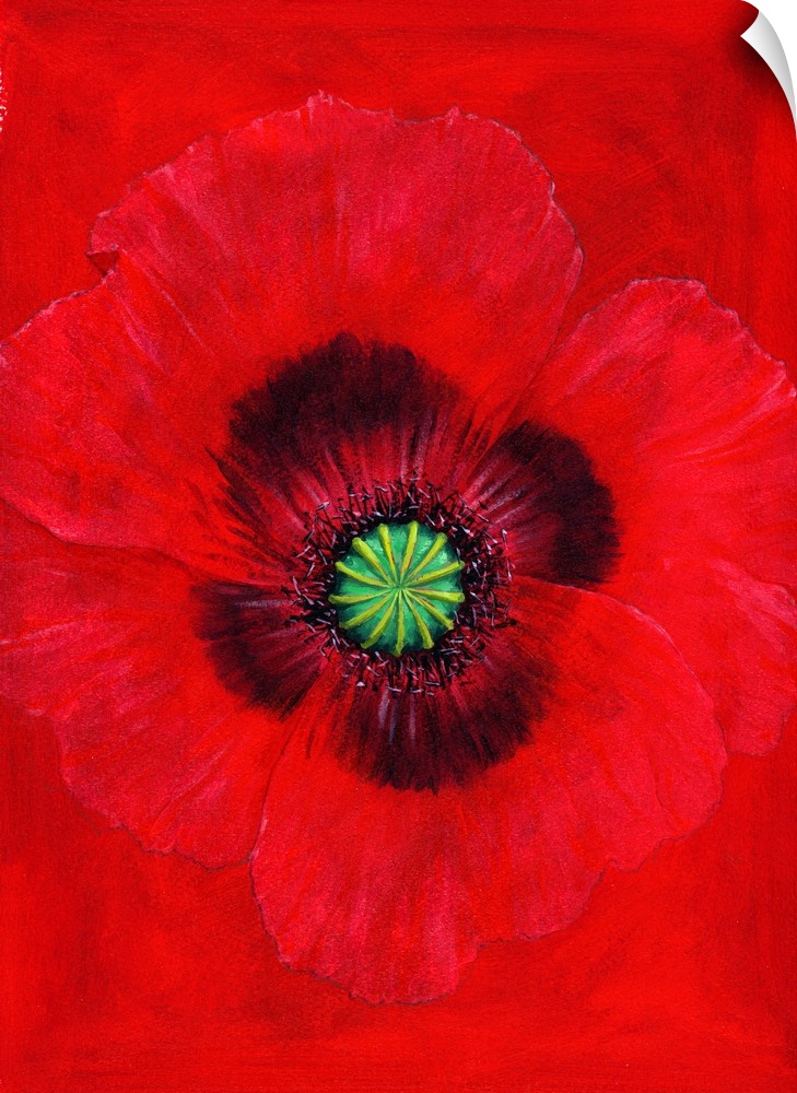 Contemporary painting of a red flower against a red background.