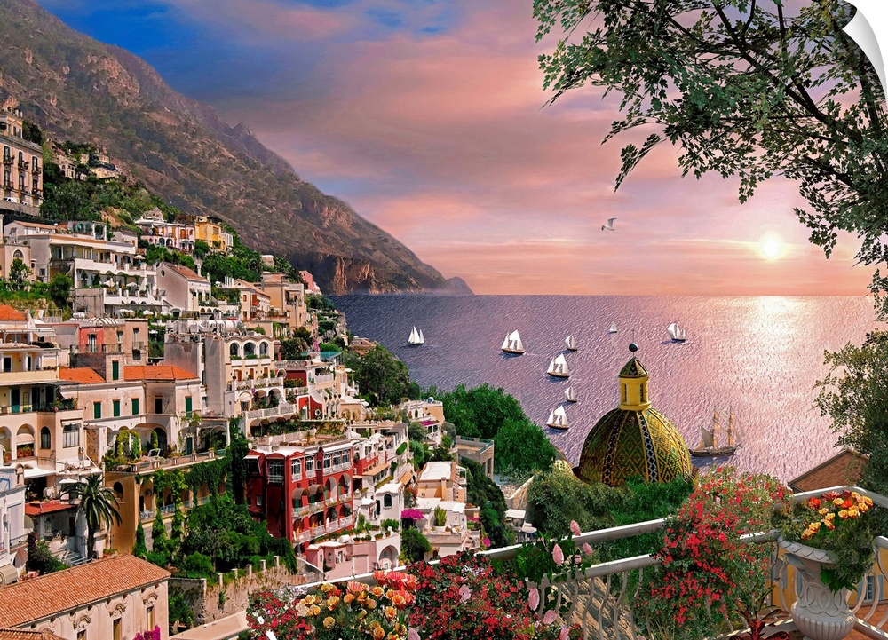 Photograph of village commune off the Amalfi Coast in Campania, Italy overlooking an ocean sunset, with boats sailing in t...