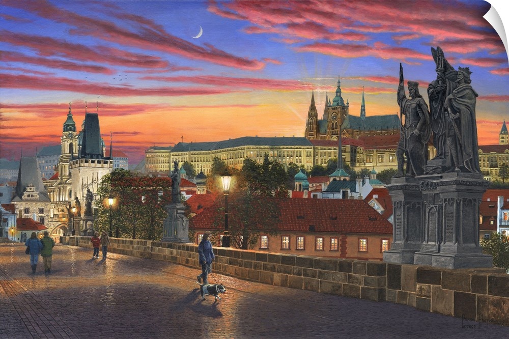 Contemporary artwork of an old European city at night with people walking on a bridge in the foreground.