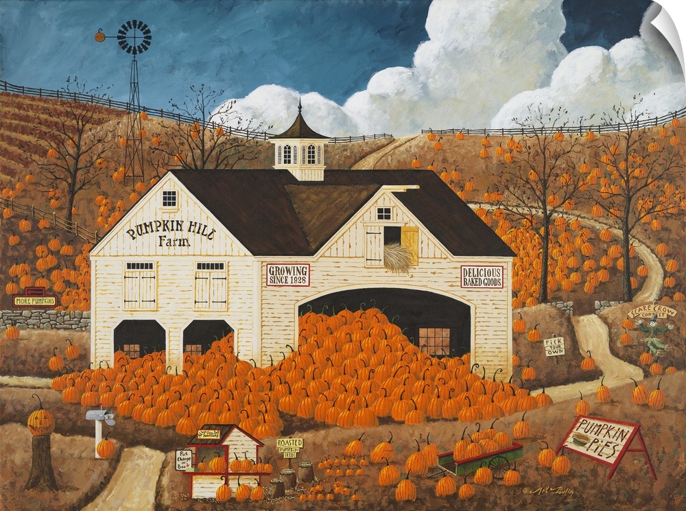 Americana scene of a white barn overflowing with pumpkins.