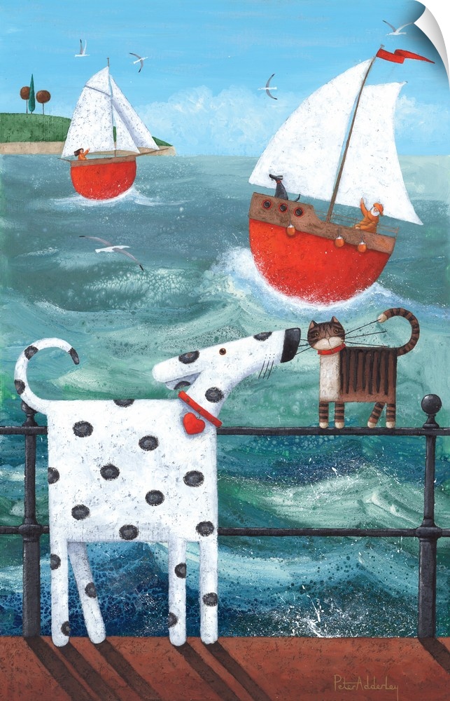 Contemporary painting of a dalmatian sniffing a cat standing on a railing with water in the background.