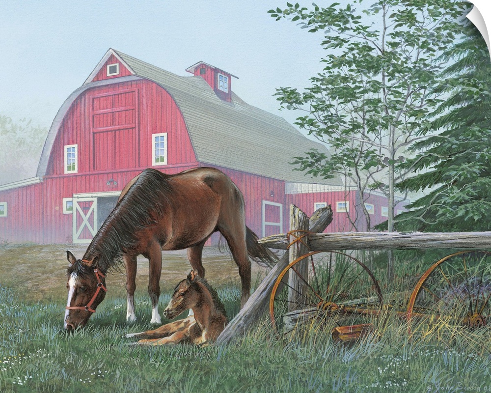 Painting of a mother horse and her foal in the fog of the early morning.