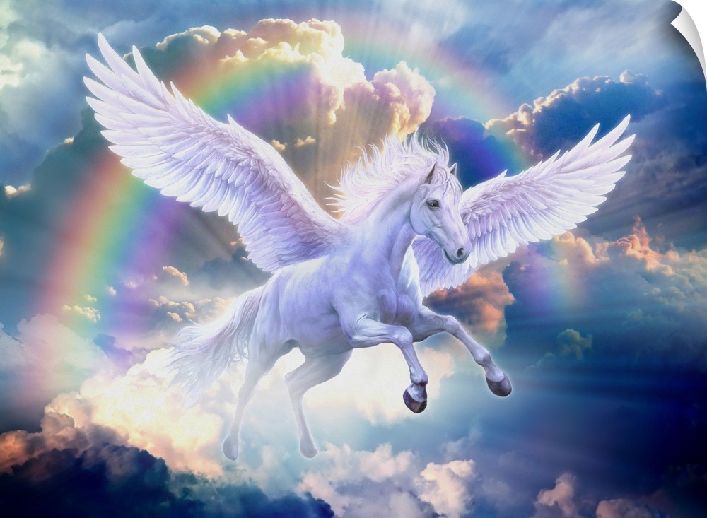 Artwork of a white Pegasus flying through a rainbow in a sky of blue clouds.