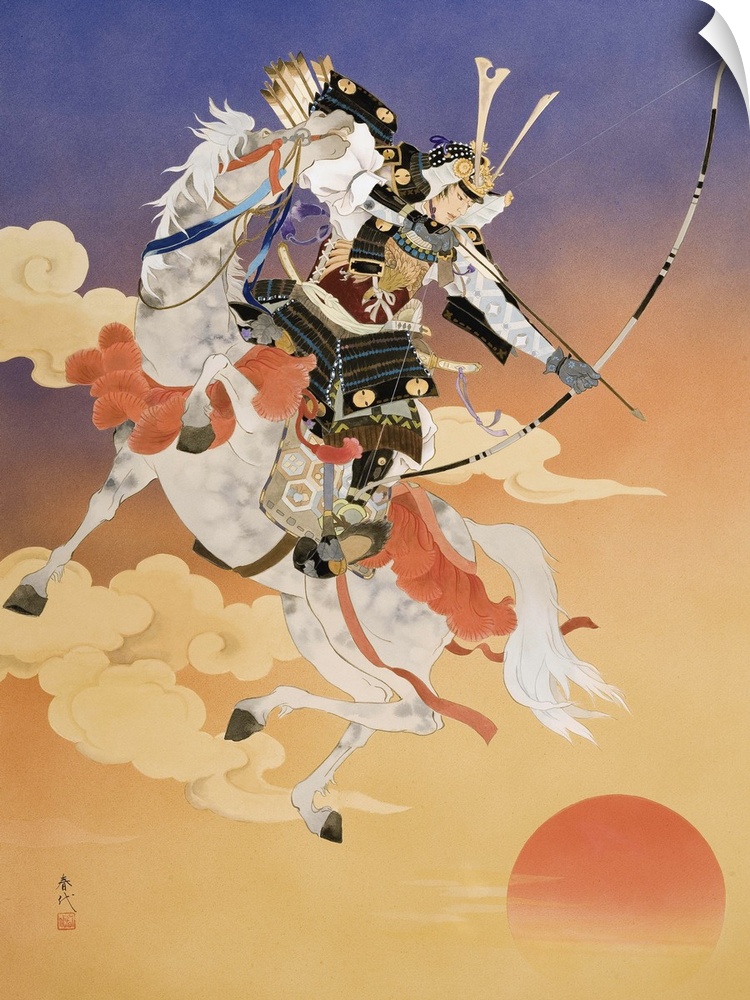 Contemporary colorful Asian art of a samurai warrior on a white horse, with a bow and arrow.