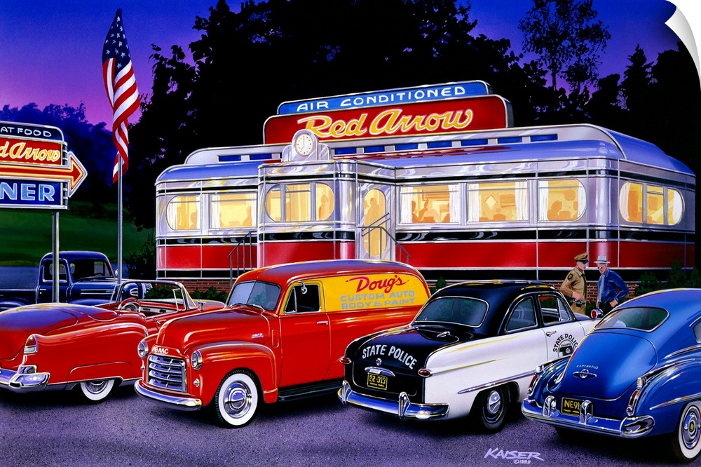 Horizontal artwork on a large canvas of an old style trolley car diner in the early 1950s, lit up at night.  Parked out fr...