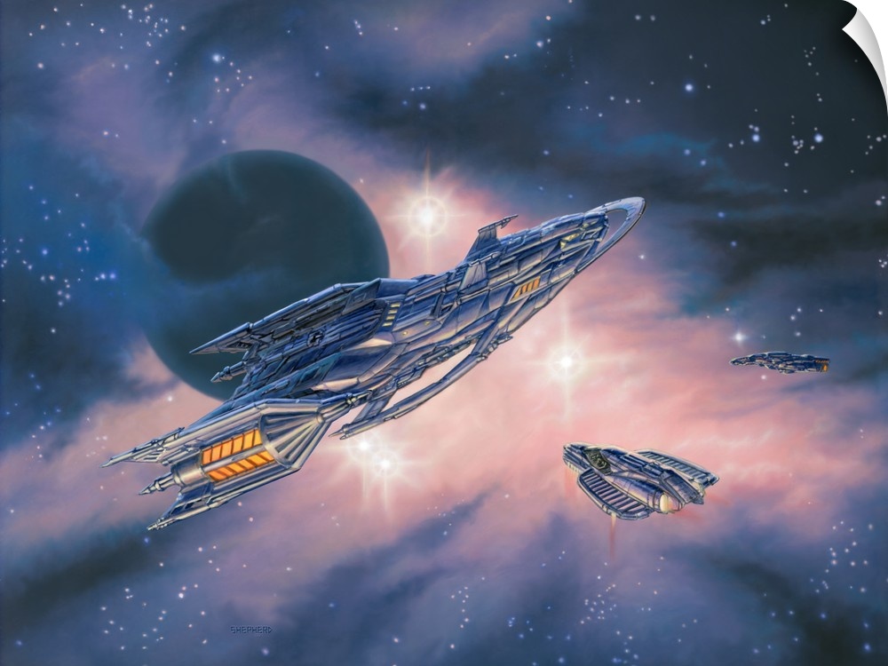 A shuttle transports passengers between ships that have met up inside a purple nebula.