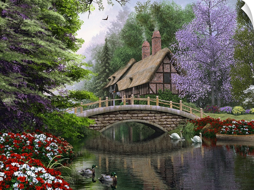 Contemporary painting of a river with a cottage along side of it and a small bridge with birds in the water in front of it.