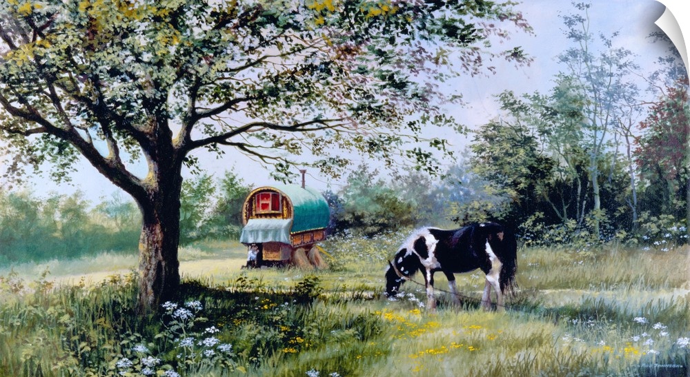 Contemporary painting of a black and white horse grazing on lush greens near a gypsy train car.