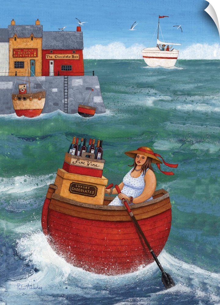 Contemporary nautical artwork of a woman wearing a hat rowing a red boat in the ocean carrying wine.