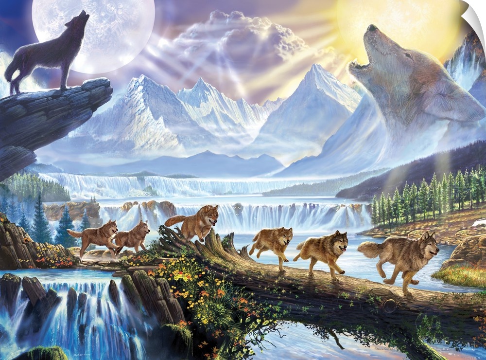 Main wolf in the centre of the picture with two howling wolves either side with mountains and waterfalls