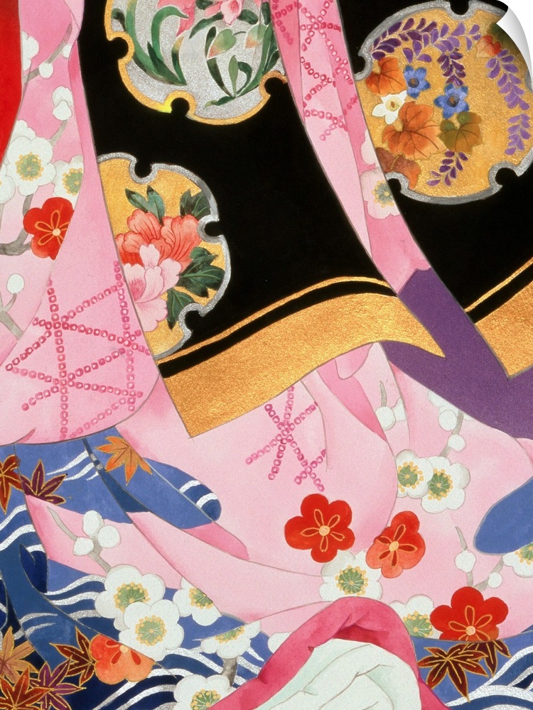 Contemporary colorful and lavish looking Asian artwork. With different colored fabric patterns.