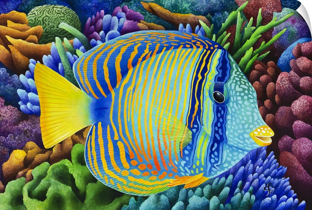 Whimsy watercolor painting of a colorful tropical fish with coral reefs in the background.