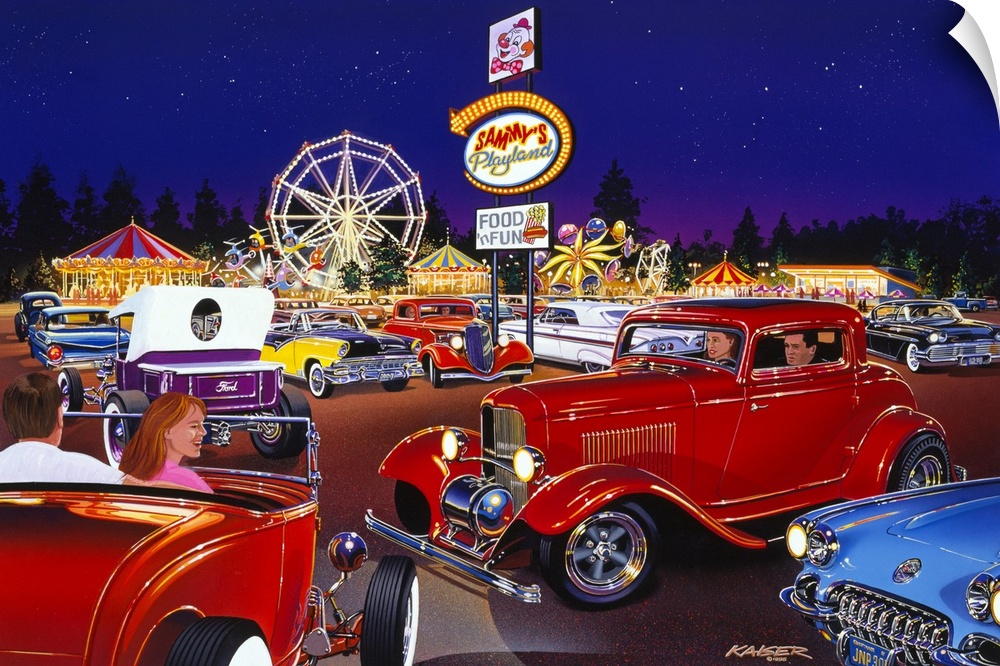 Big painting of antique cars in the parking lot of an amusement park that is lit up in bright colors at night with trees s...