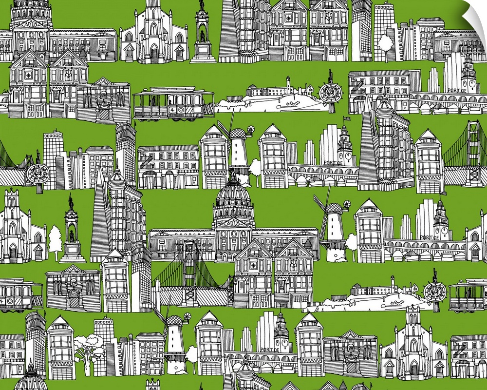 repeating pattern ~ Ink illustrated hotchpotch of San Francisco city landmarks, monuments and buildings.