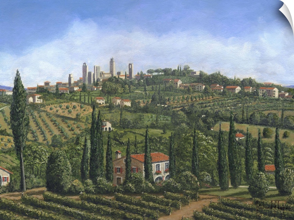 Contemporary artwork of an European valley scattered with villages, home and vineyards.