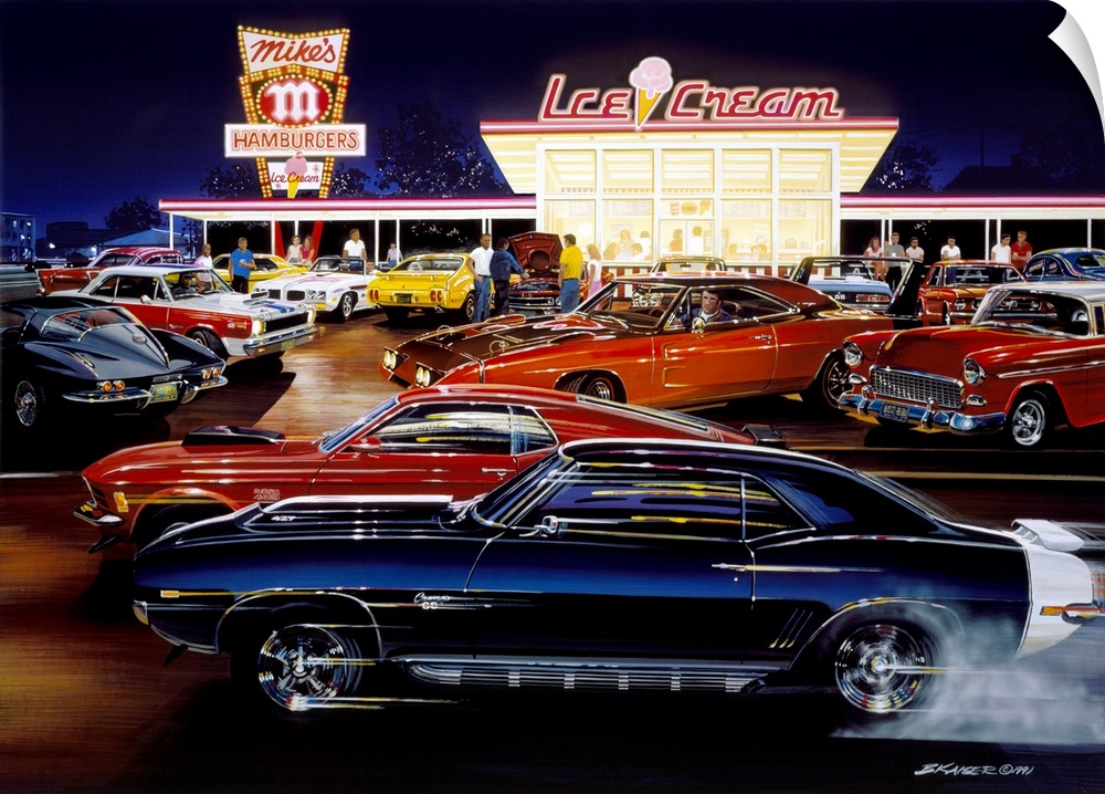 This decorative art is a painting of vintage muscle cars racing and parked outside a retro drive-in restaurant.