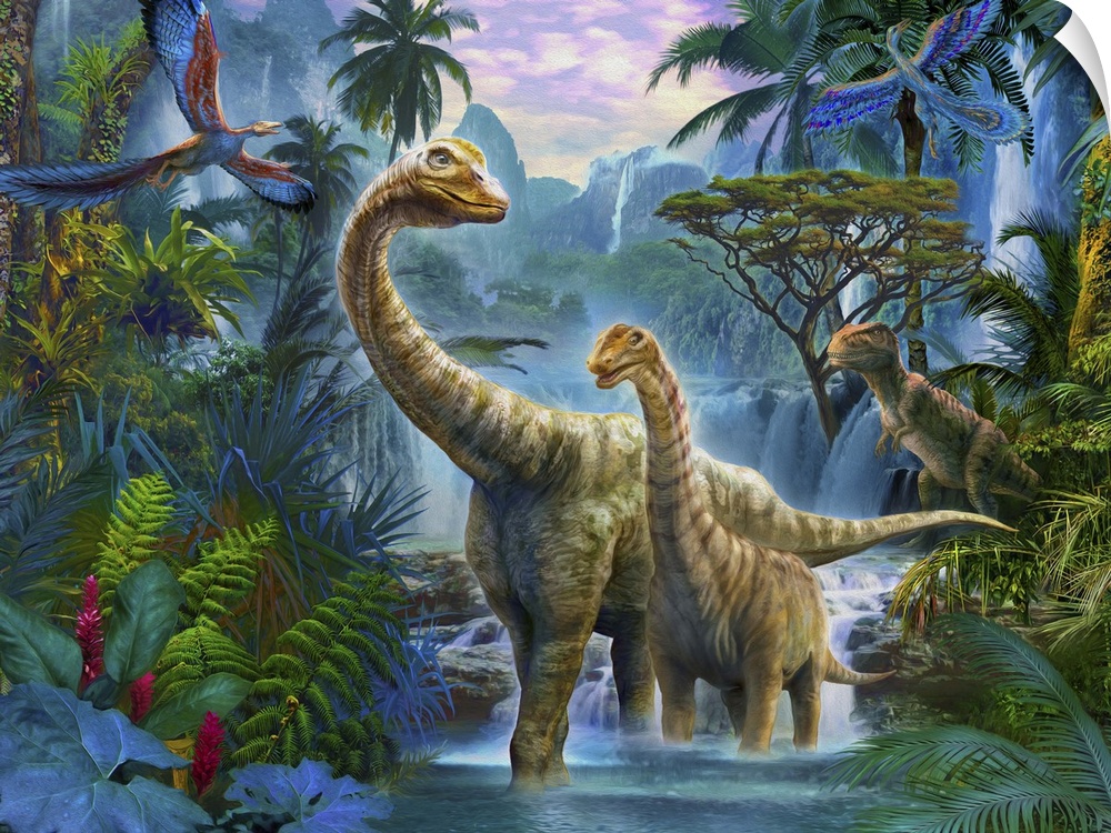 Colorful artwork of a mother dinosaur with her young wading through shallow water in a jungle.