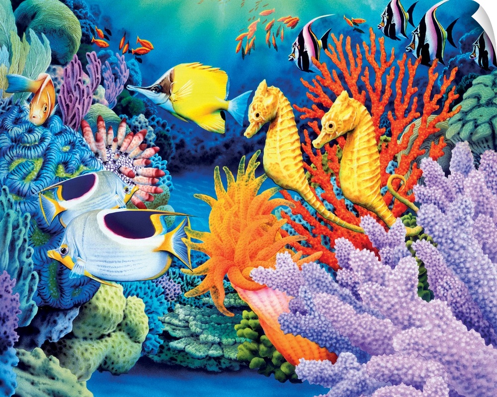 Bright and colorful painting of underwater sea life including a school of fish and coral reef.