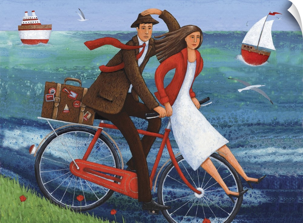 Contemporary painting of a woman sitting on the handle bars of a red bike while a man pedals it.