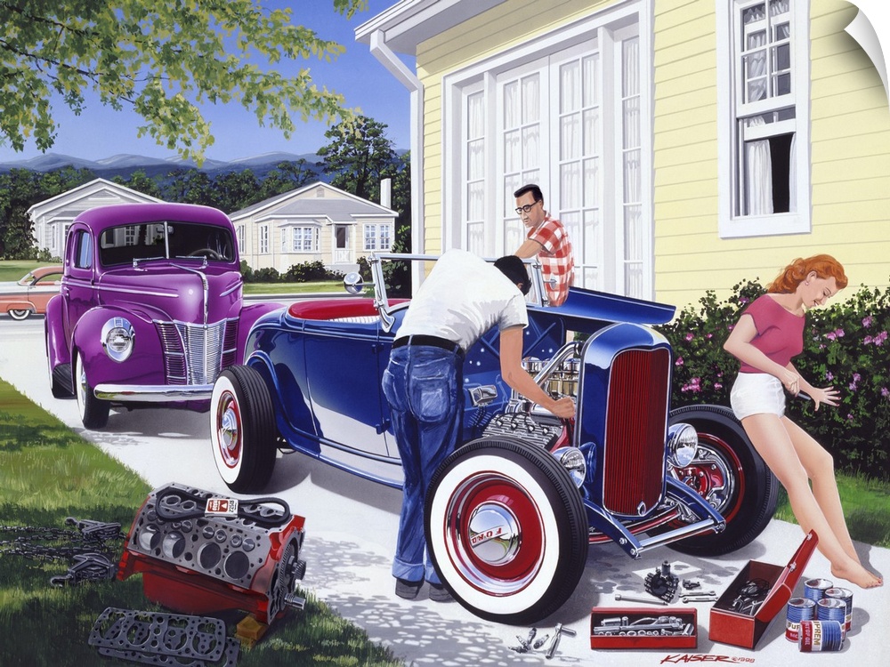 Painting of three people working on a 1932 Ford hot rod in the late 1950s on canvas.